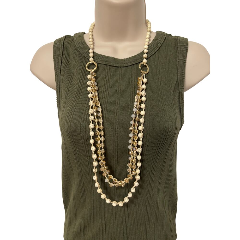 Women's Layered Neutral Beaded Tan Braided Boho Necklace Timeless Classic Simple